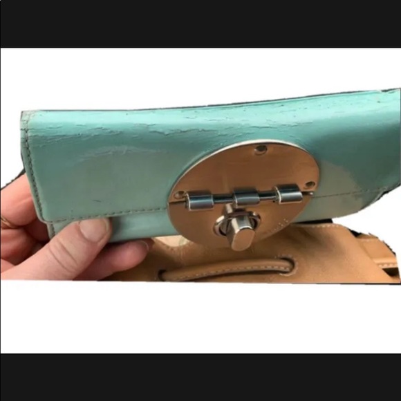 Mimco Patent Leather Turn Lock Folding Wallet Mint Green - Picture 2 of 6